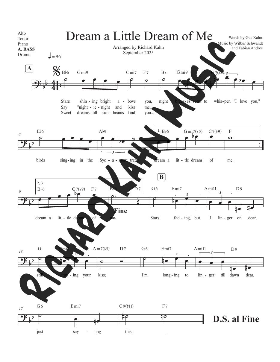 Dream a Little Dream of Me, in Bb (Bass Clef)